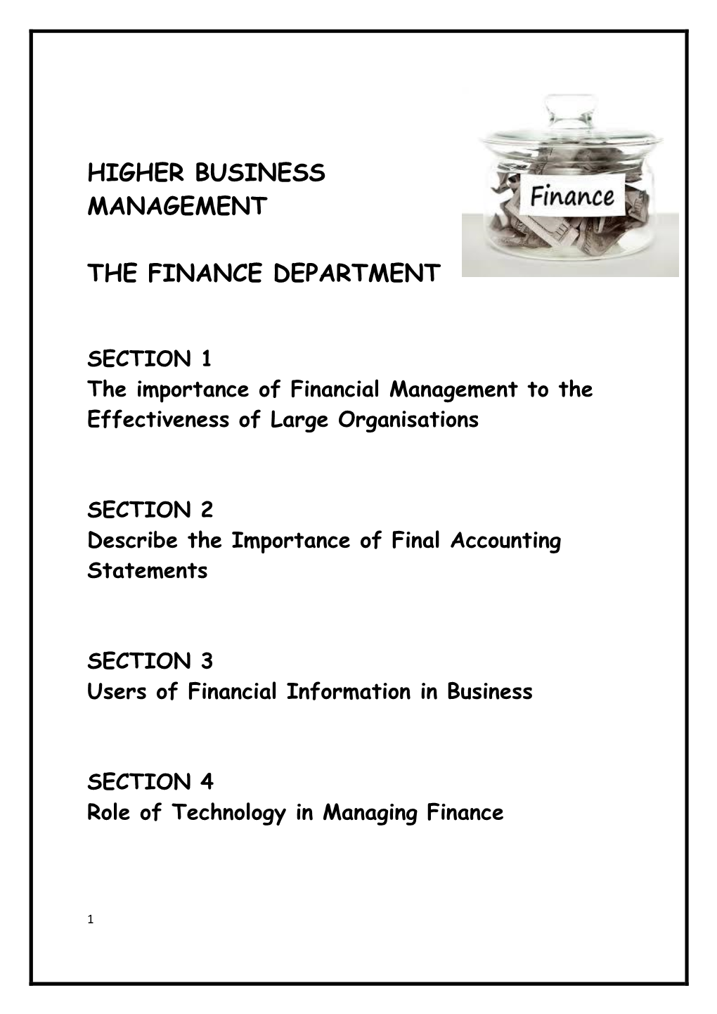 Higher Business Management the Finance Department