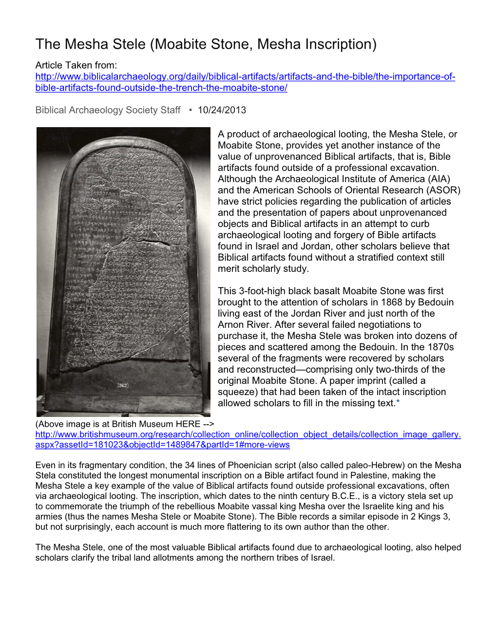 The Mesha Stele (Moabite Stone, Mesha Inscription)