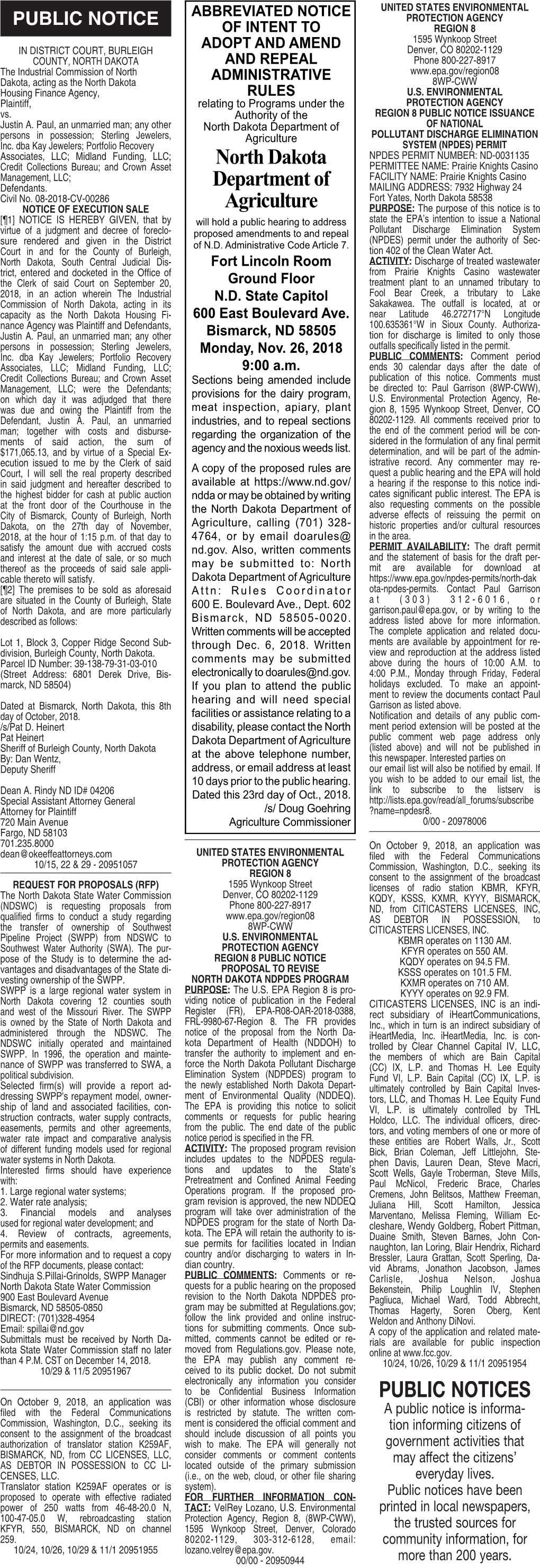 PUBLIC NOTICES on October 9, 2018, an Application Was (CBI) Or Other Information Whose Disclosure Filed with the Federal Communications Is Restricted by Statute