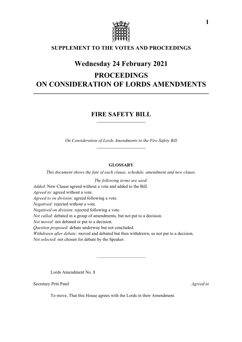 Wednesday 24 February 2021 PROCEEDINGS on CONSIDERATION of LORDS AMENDMENTS
