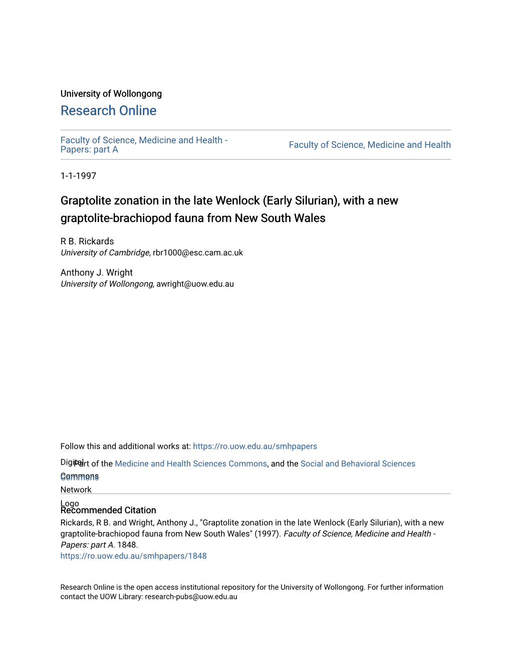 Graptolite Zonation in the Late Wenlock (Early Silurian), with a New Graptolite-Brachiopod Fauna from New South Wales