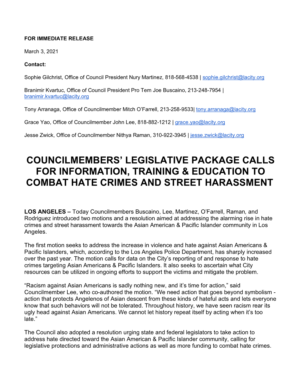 Councilmembers' Legislative Package Calls For