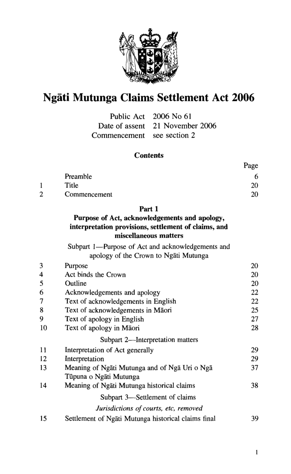 2006 No 61 Ngati Mutunga Claims Settlement Act 2006