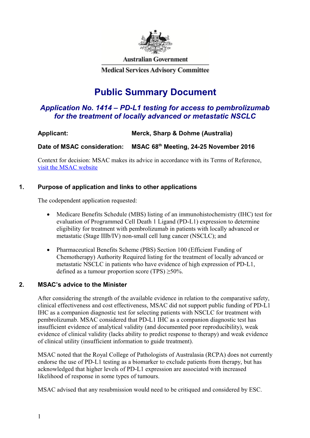 Public Summary Document