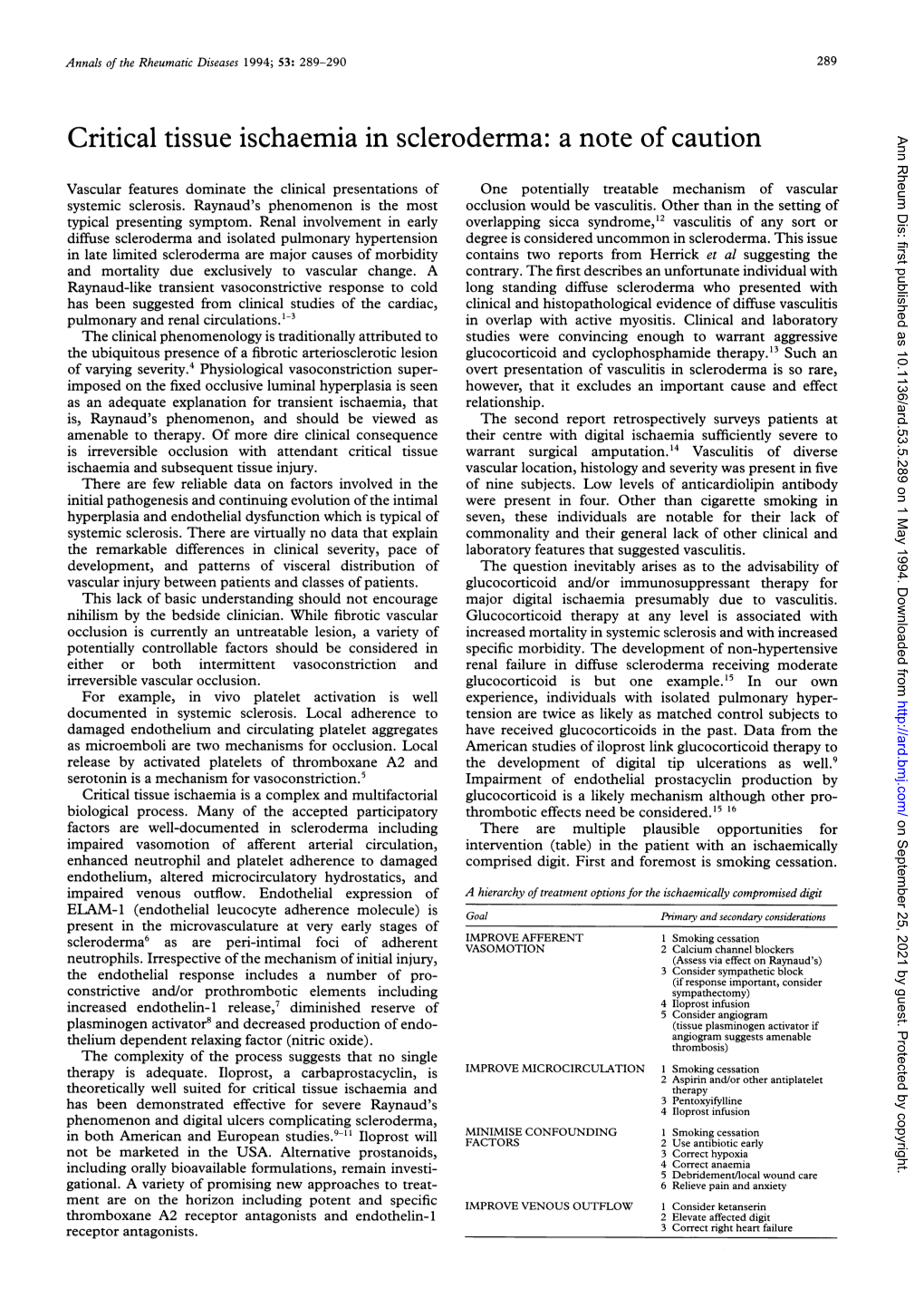 Critical Tissue Ischaemia in Scleroderma: a Note of Caution Ann Rheum Dis: First Published As 10.1136/Ard.53.5.289 on 1 May 1994