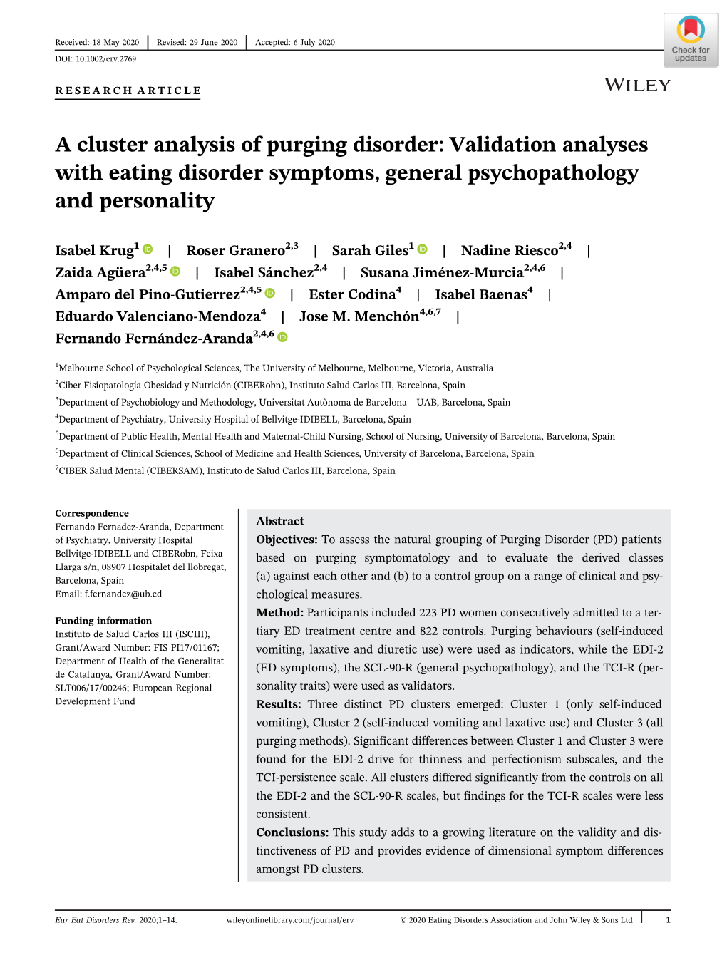 A Cluster Analysis of Purging Disorder: Validation Analyses with Eating Disorder Symptoms, General Psychopathology and Personality