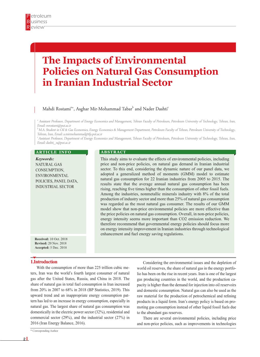 The Impacts of Environmental Policies on Natural Gas Consumption in Iranian Industrial Sector
