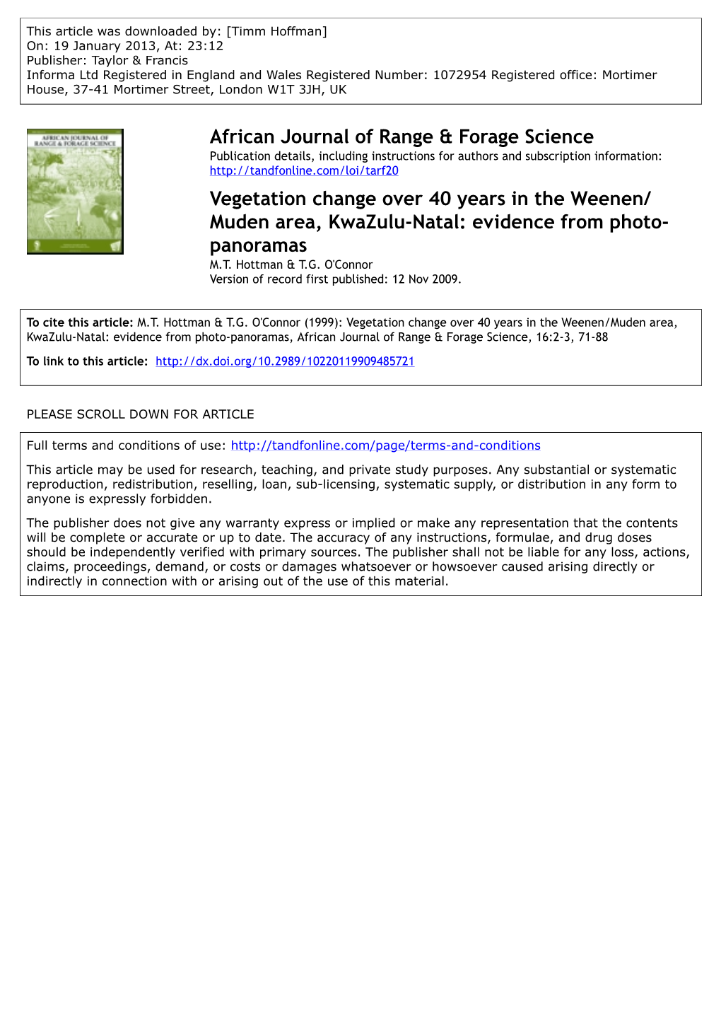 Vegetation Change Over 40 Years in the Weenen/Muden Area, Kwazulu-Natal