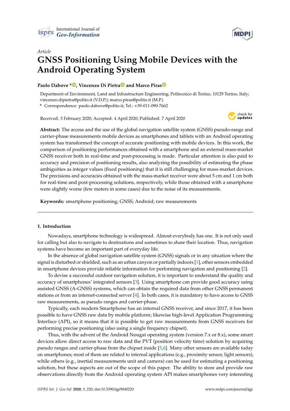 GNSS Positioning Using Mobile Devices with the Android Operating System