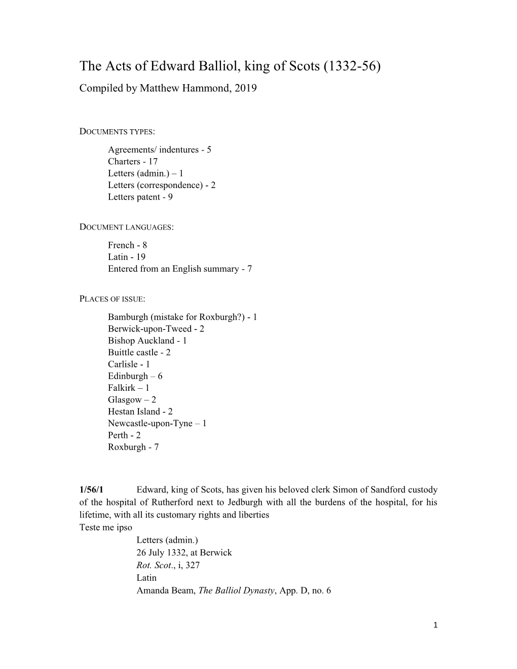 The Acts of Edward Balliol, King of Scots (1332-56) Compiled by Matthew Hammond, 2019