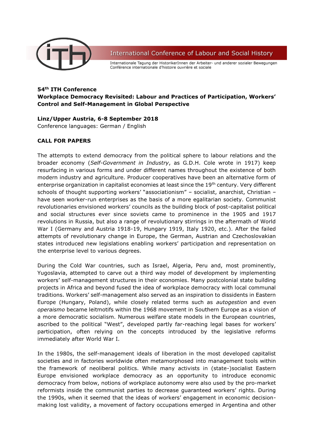 54Th ITH Conference Workplace Democracy Revisited: Labour and Practices of Participation, Workers’ Control and Self-Management in Global Perspective