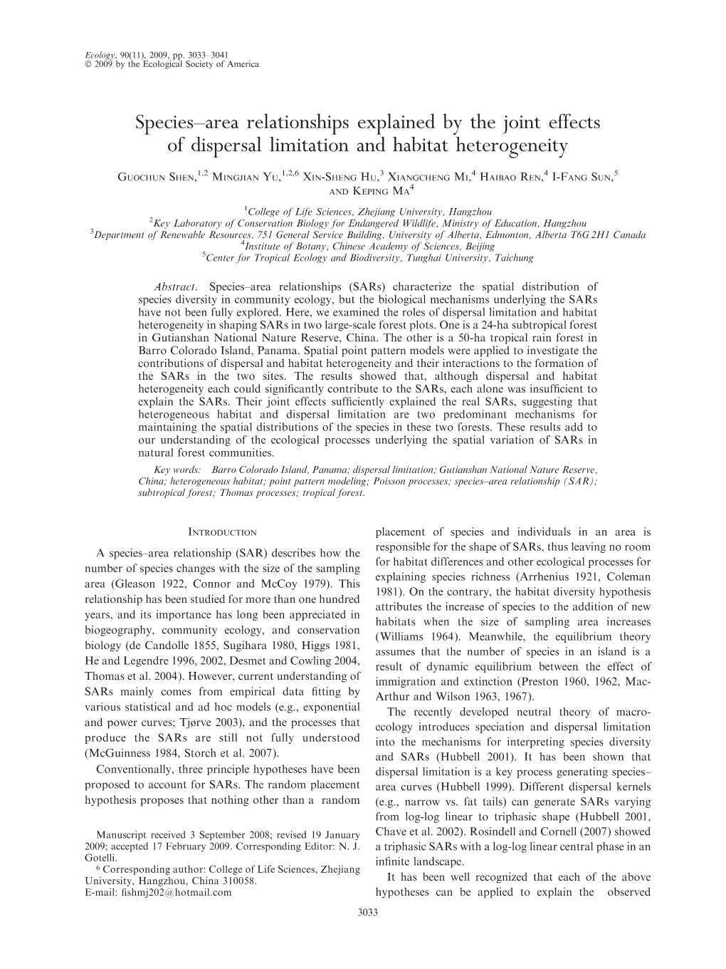 Species–Area Relationships Explained by the Joint Effects of Dispersal Limitation and Habitat Heterogeneity