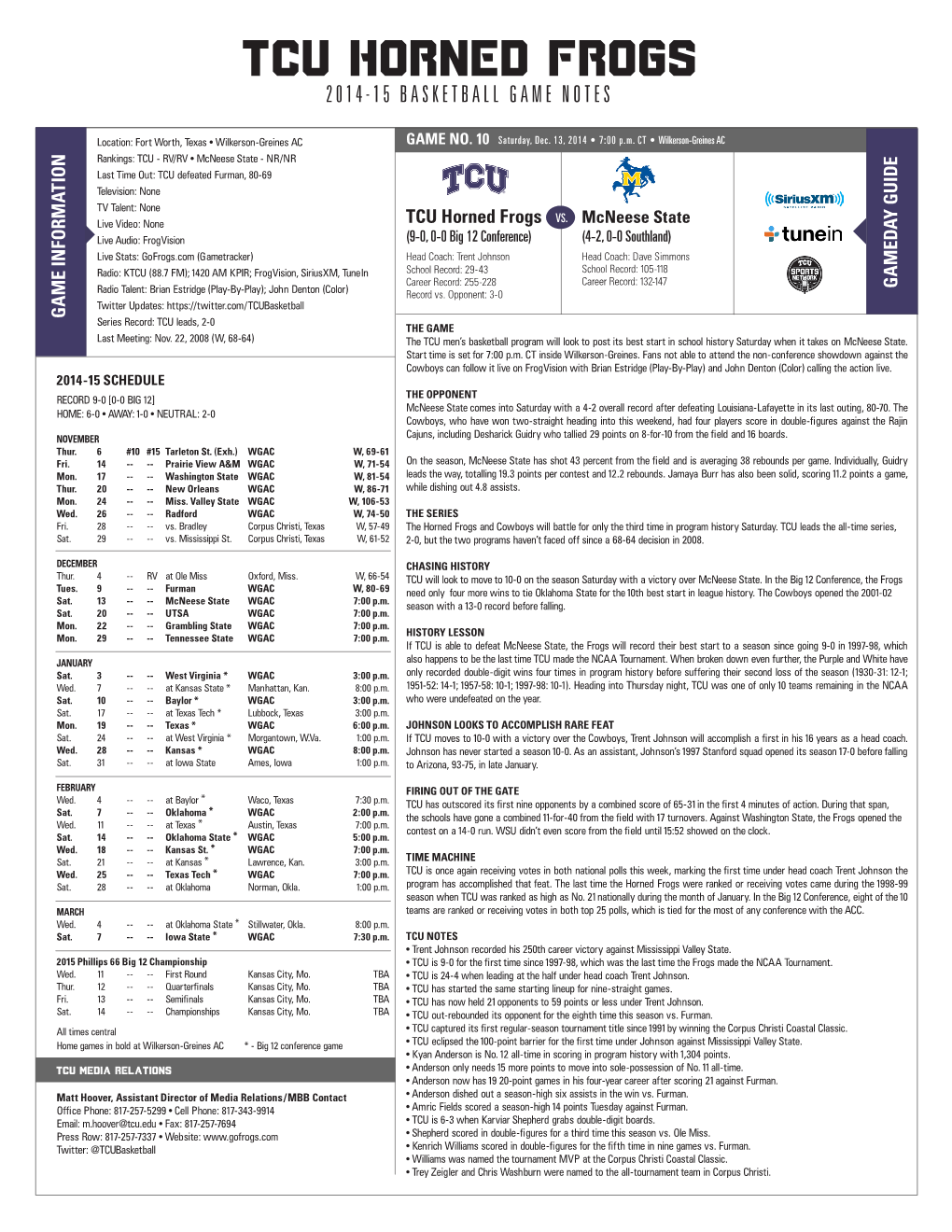 Tcu Horned Frogs 2014-15 Basketball Game Notes