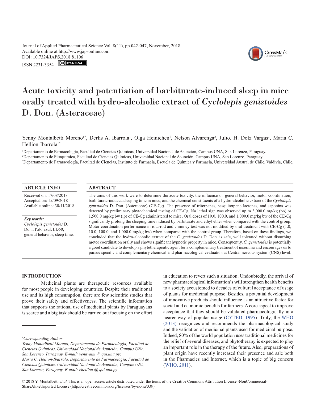 Acute Toxicity and Potentiation of Barbiturate-Induced Sleep in Mice Orally Treated with Hydro-Alcoholic Extract of Cyclolepis Genistoides D