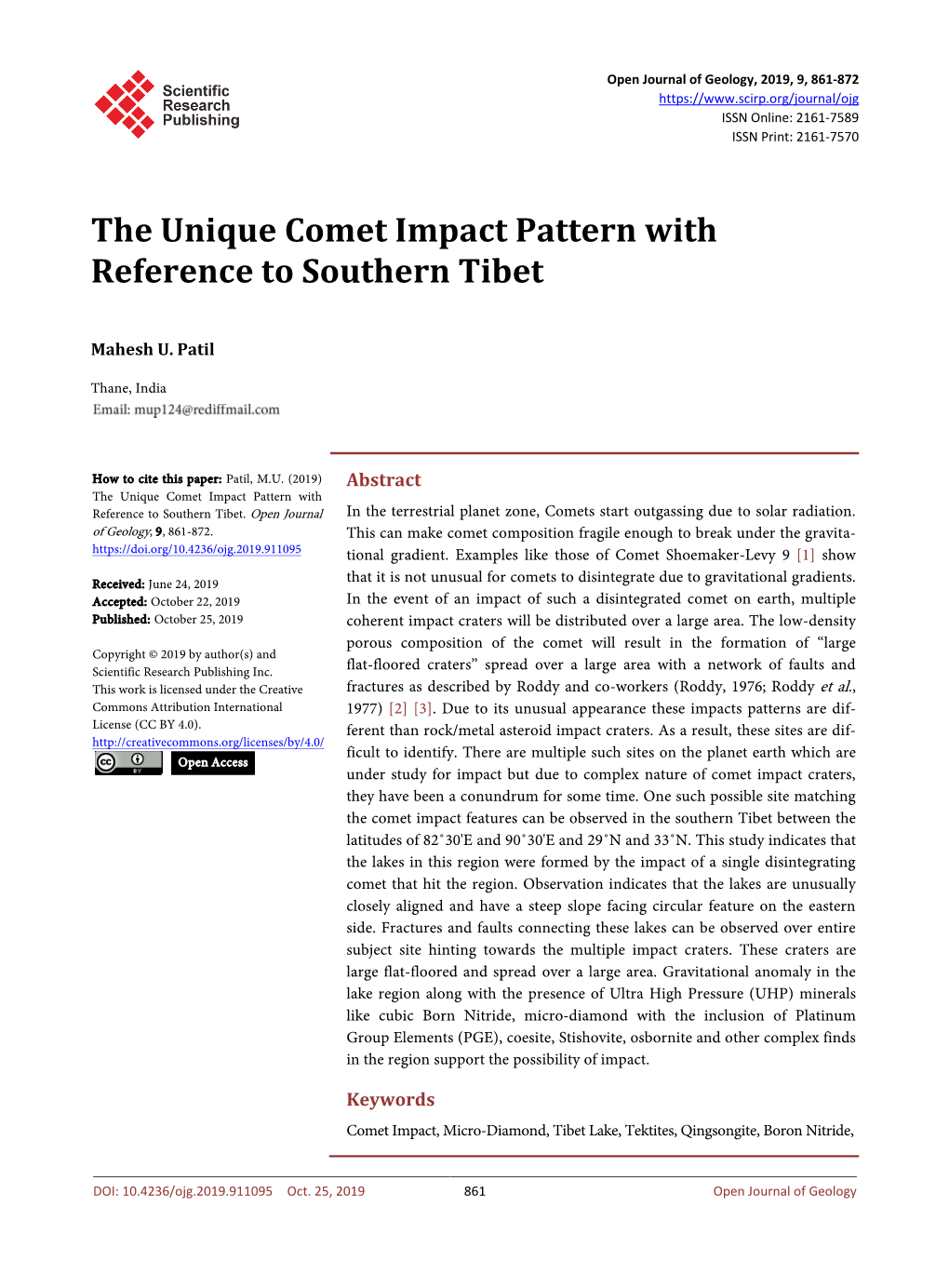 The Unique Comet Impact Pattern with Reference to Southern Tibet
