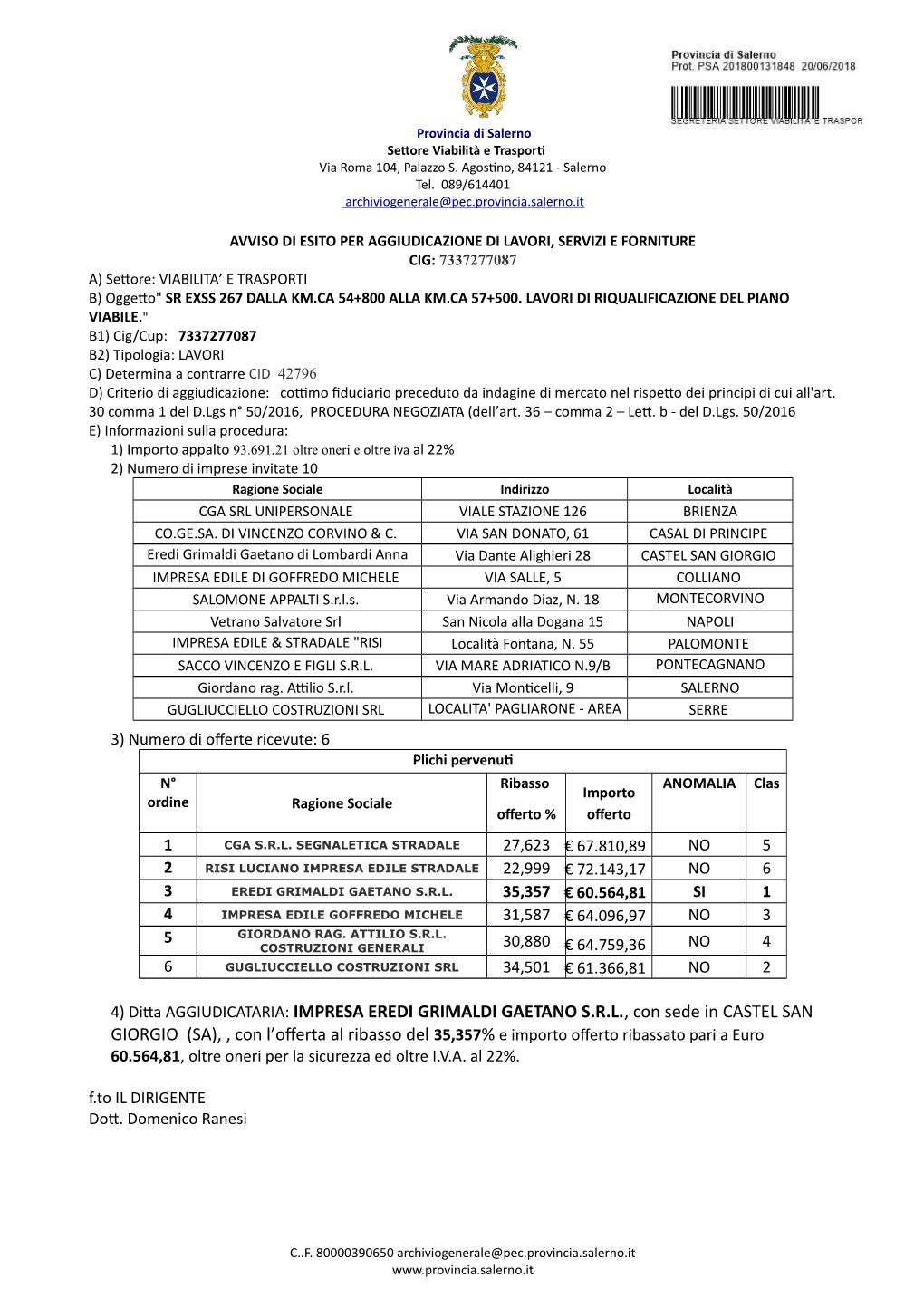 IMPRESA EREDI GRIMALDI GAETANO SRL, Con Sede In