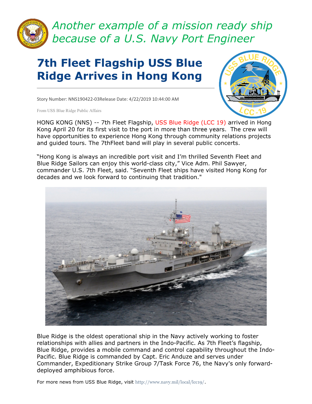 USS Blue Ridge Arrives in Hong Kong