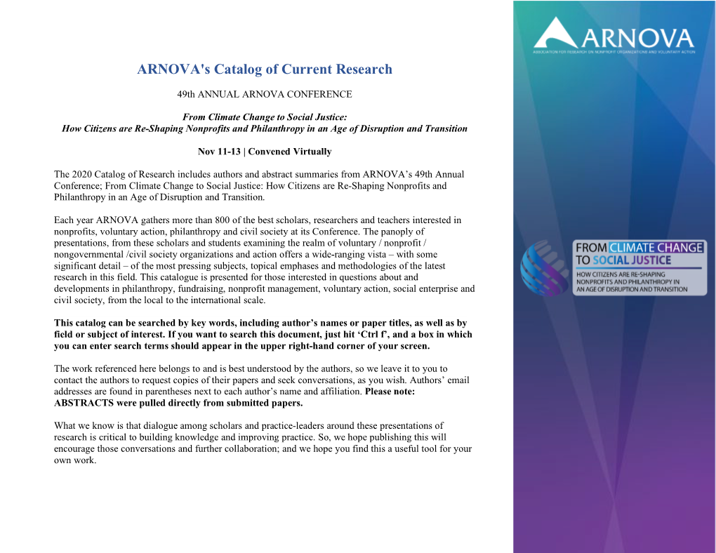ARNOVA's Catalog of Current Research