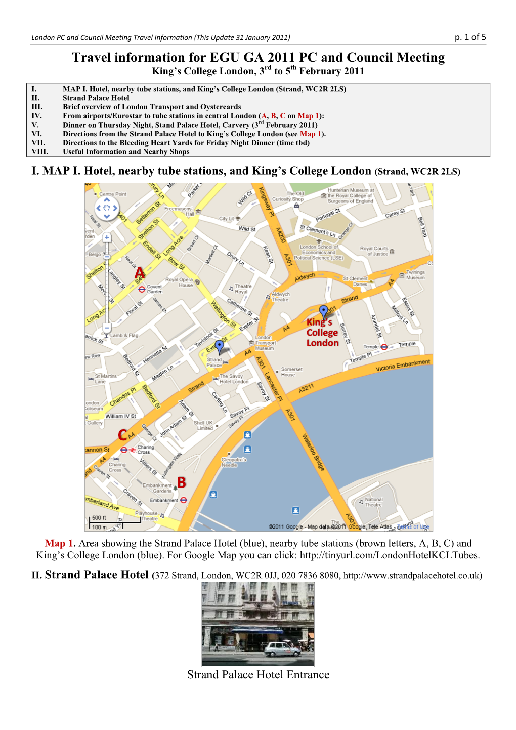 Travel Information for EGU GA 2011 PC and Council Meeting King’S College London, 3Rd to 5Th February 2011
