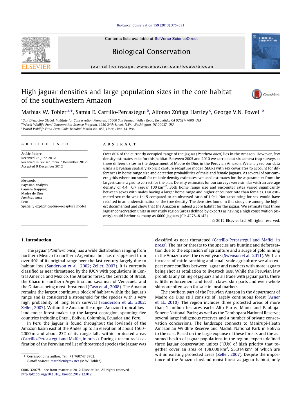 High Jaguar Densities and Large Population Sizes in the Core Habitat of the Southwestern Amazon ⇑ Mathias W