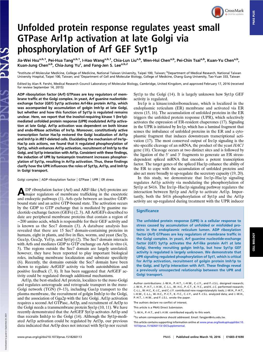 Unfolded Protein Response Regulates Yeast Small Gtpase Arl1p Activation