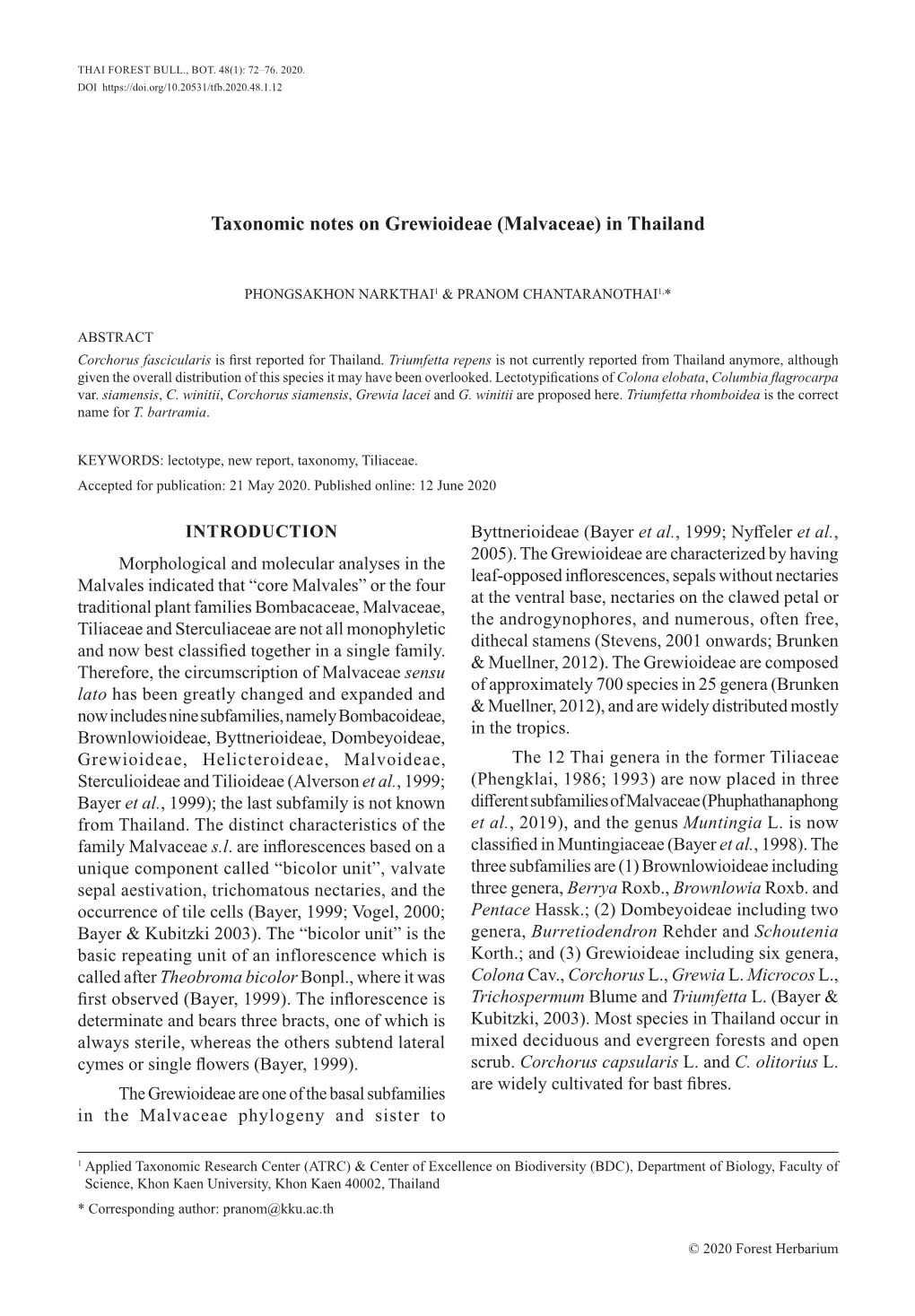 Taxonomic Notes on Grewioideae (Malvaceae) in Thailand