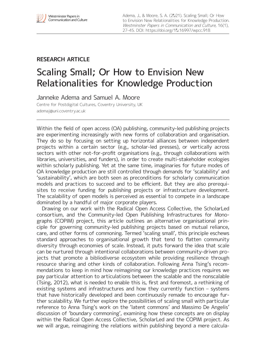 Scaling Small; Or How to Envision New Relationalities for Knowledge Production