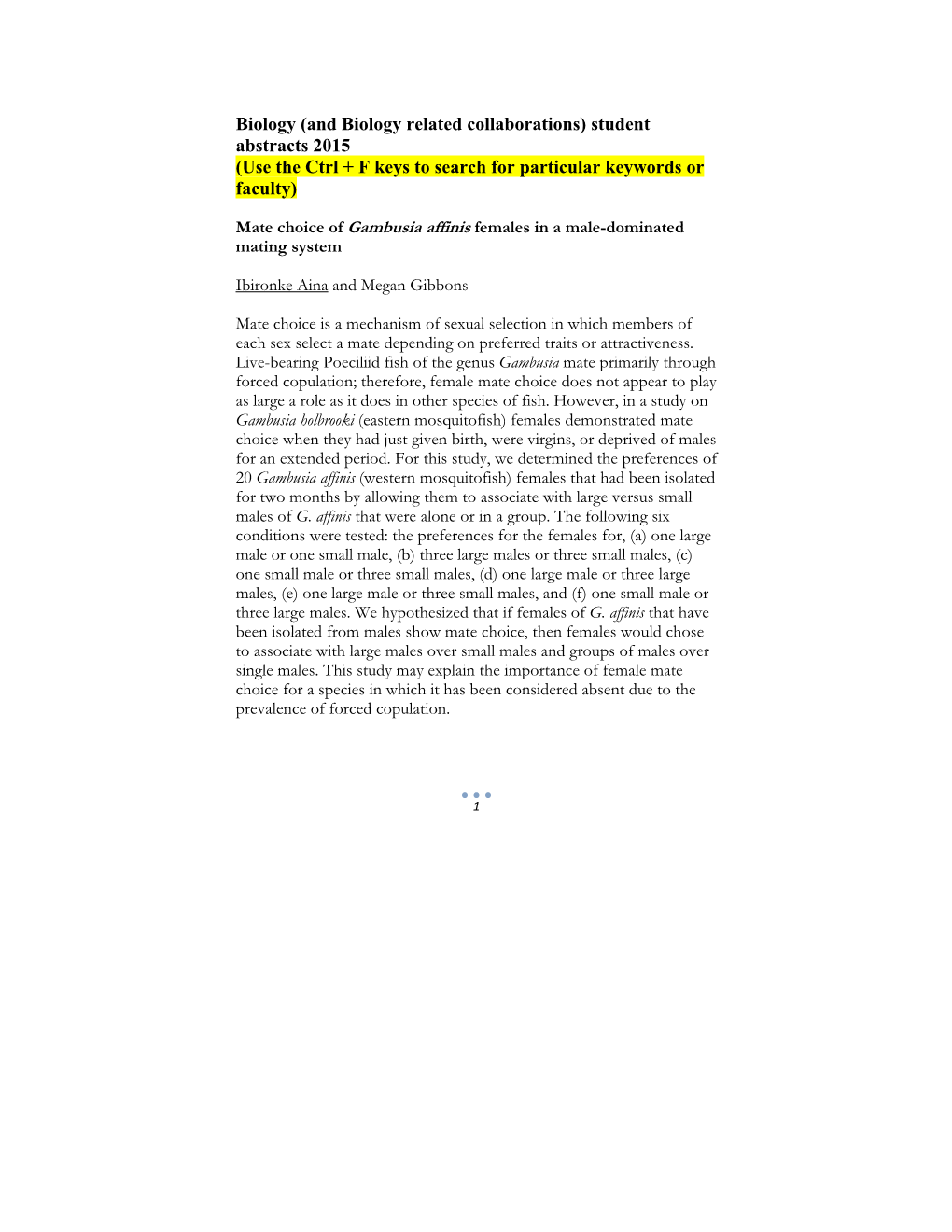 Student Abstracts 2015 (Use the Ctrl + F Keys to Search for Particular Keywords Or Faculty)