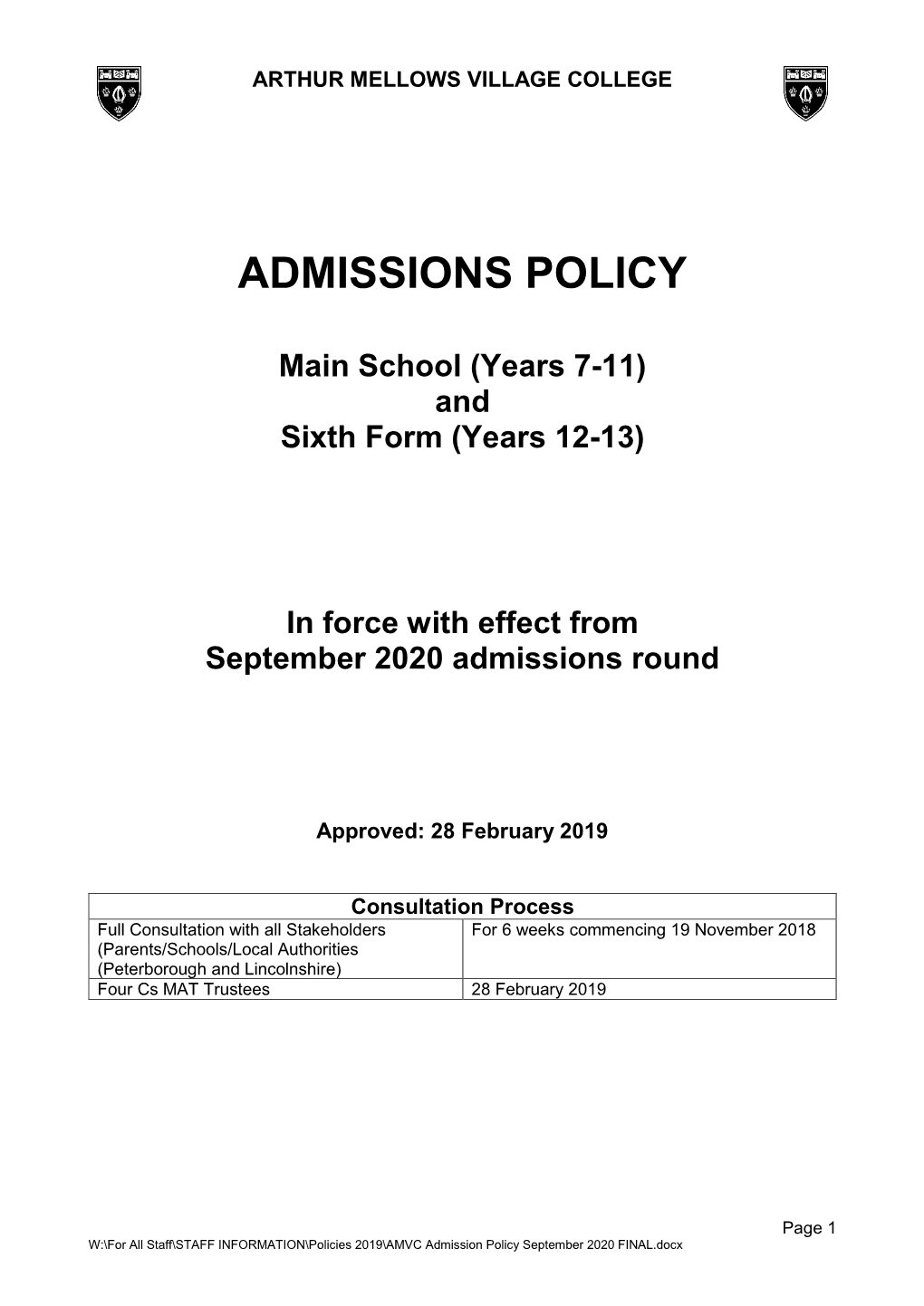 And Sixth Form (Years 12-13) in Force with Effect from September 2020 Admissions Round