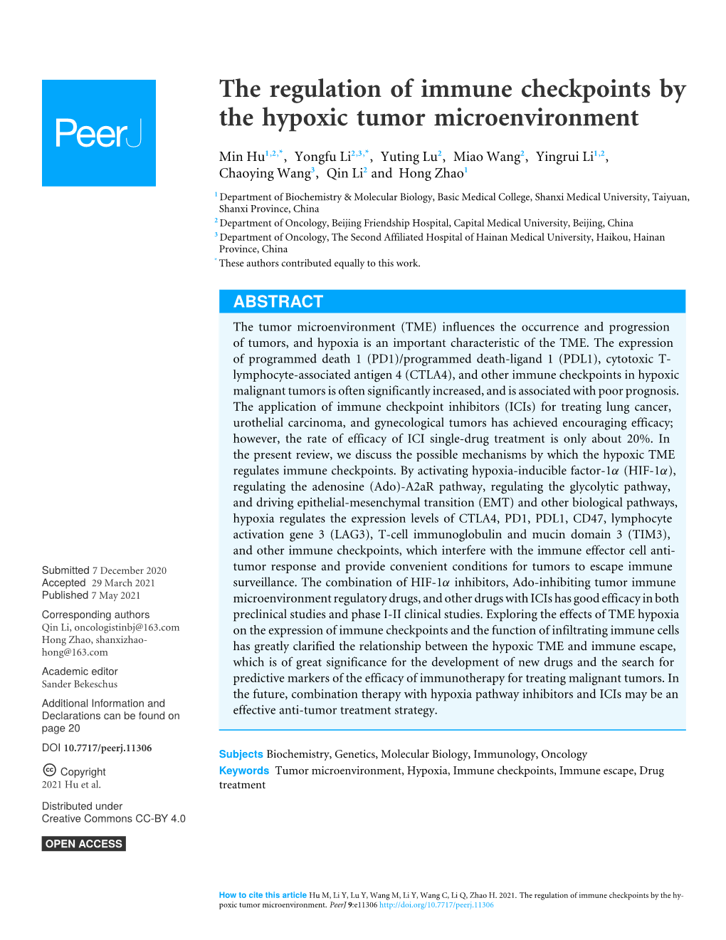 The Regulation of Immune Checkpoints by the Hypoxic Tumor Microenvironment