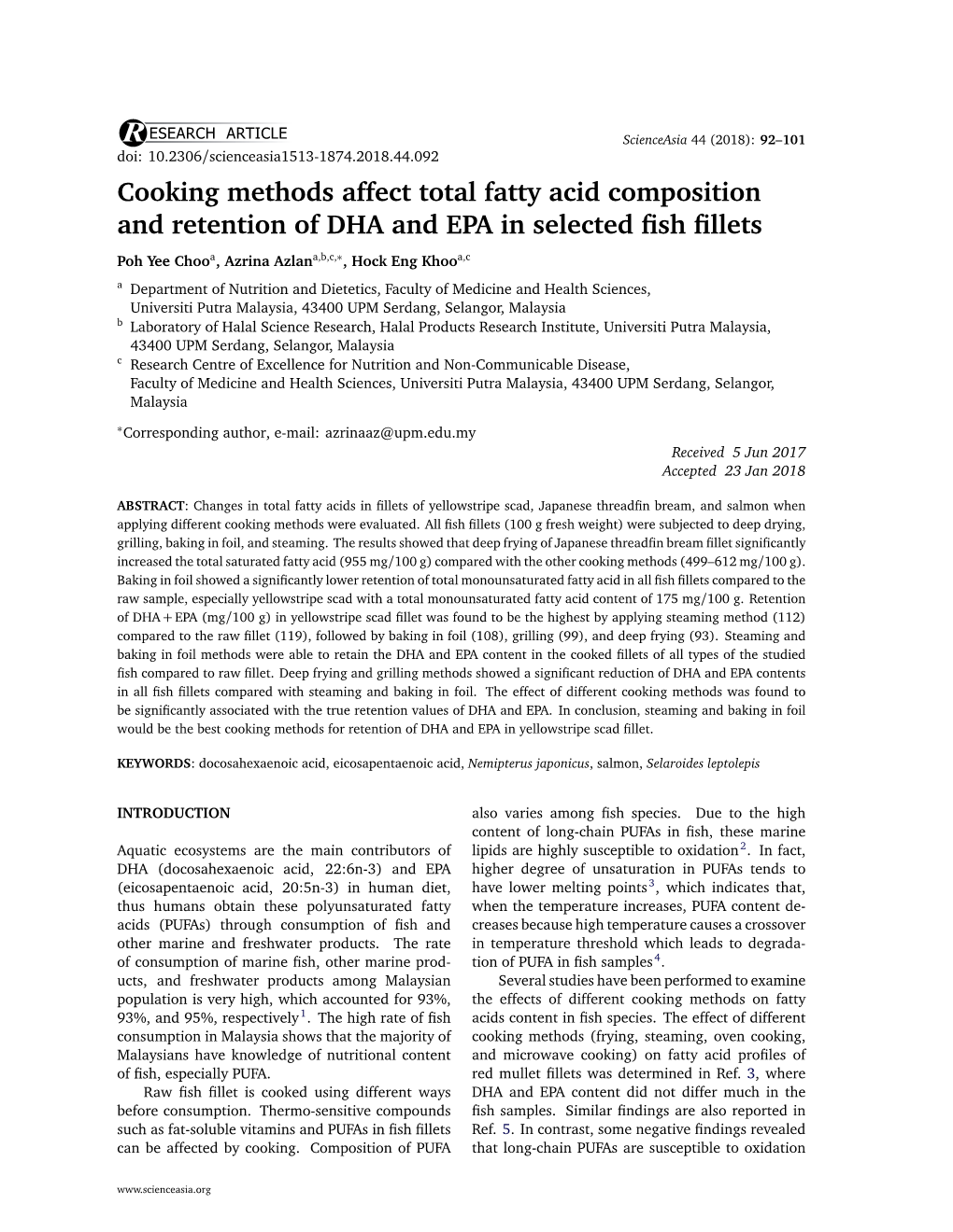 Cooking Methods Affect Total Fatty Acid Composition and Retention of DHA and EPA in Selected ﬁsh ﬁllets