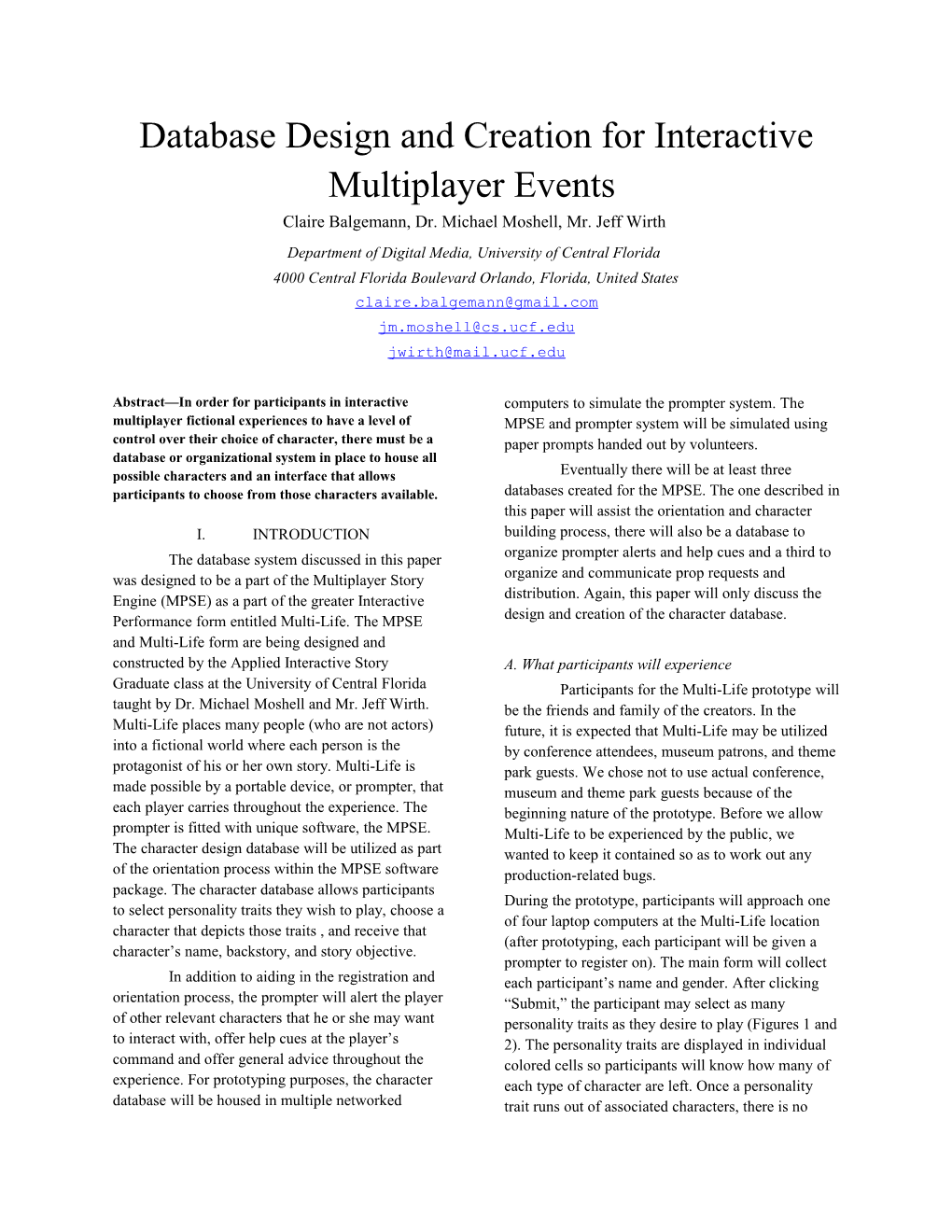 Database Design And Creation For Interactive Multiplayer Events