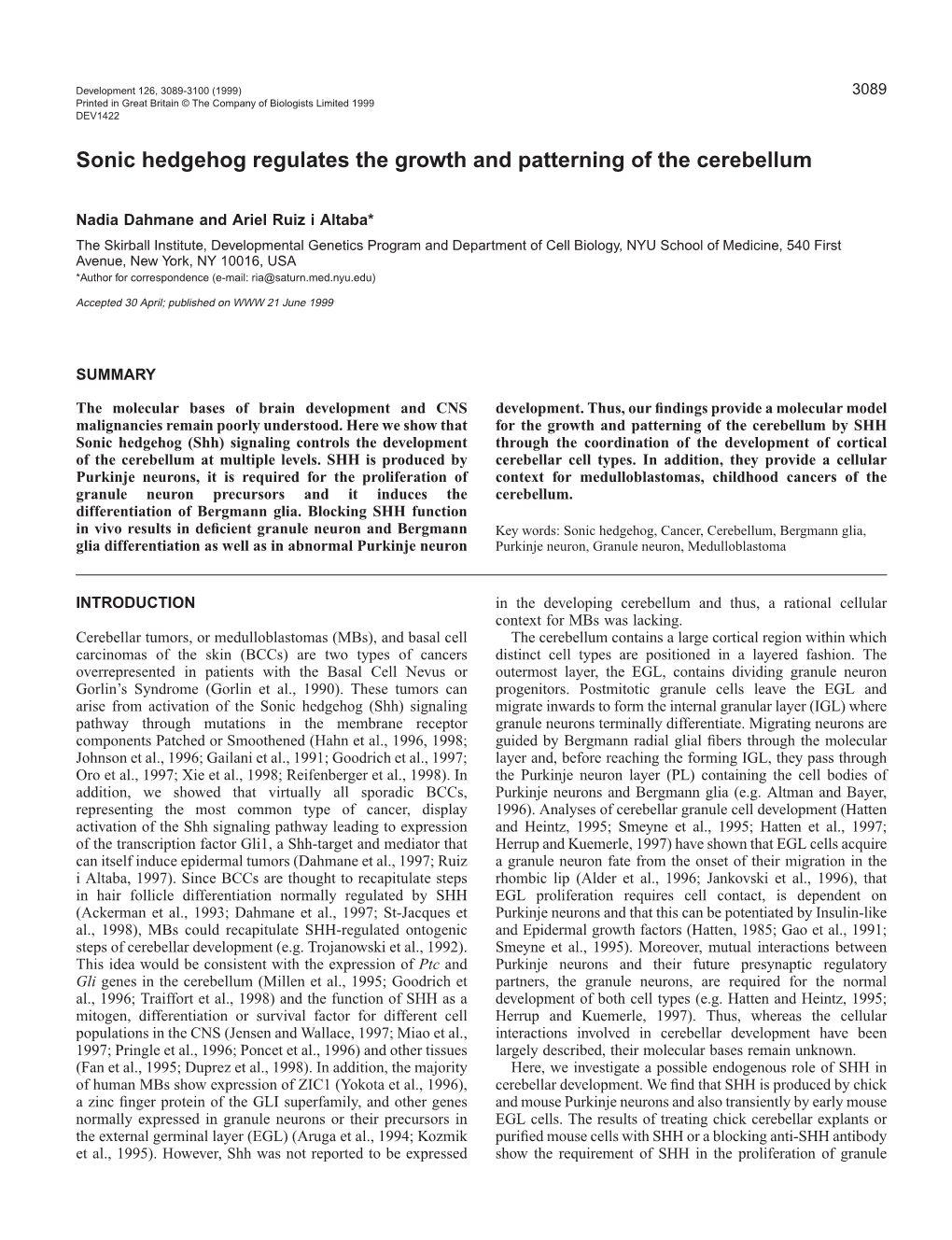 Sonic Hedgehog and Cerebellum Development 3091