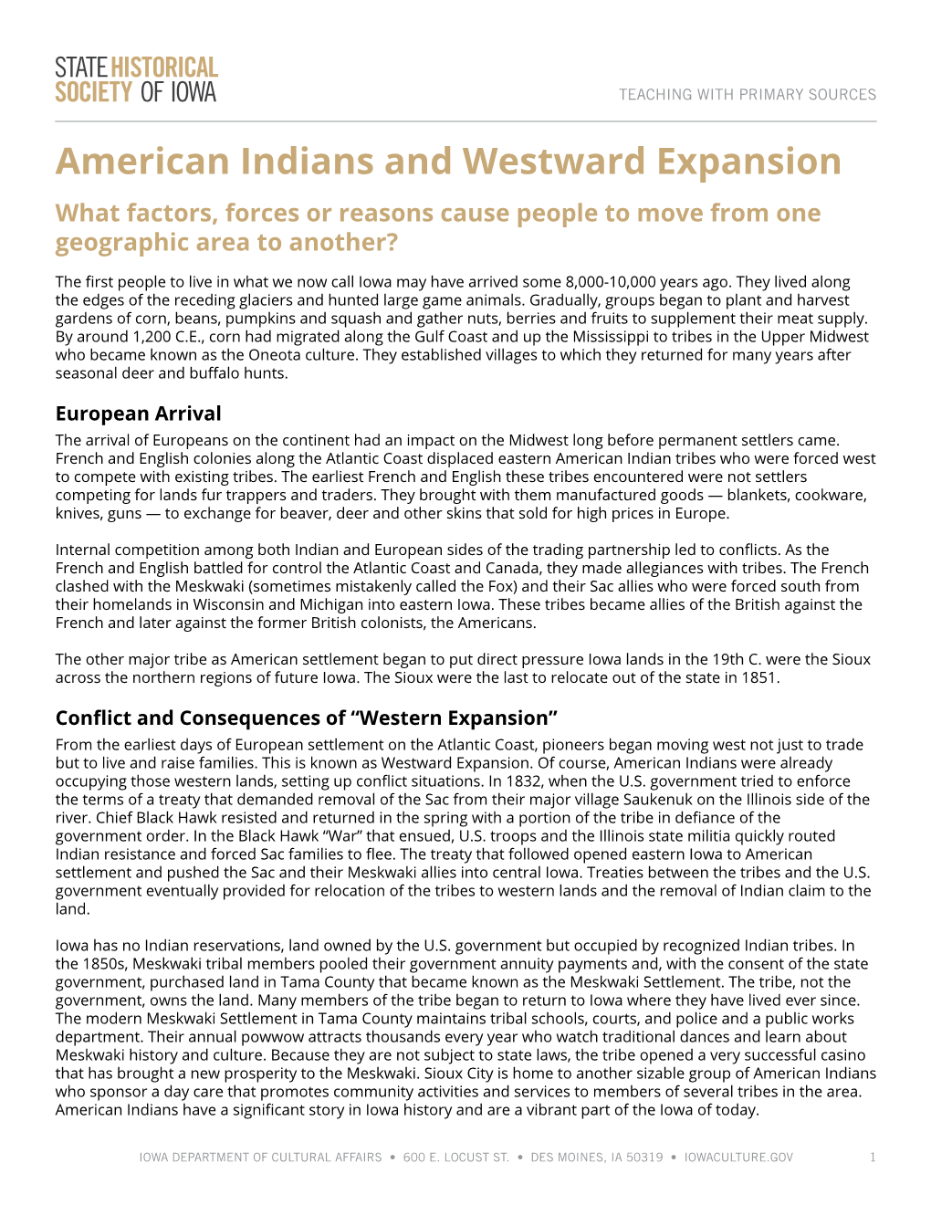 American Indians and Westward Expansion What Factors, Forces Or Reasons Cause People to Move from One Geographic Area to Another?