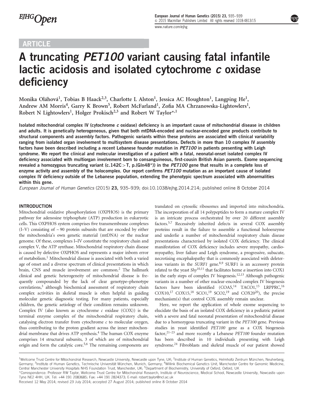 A Truncating PET100 Variant Causing Fatal Infantile Lactic Acidosis and Isolated Cytochrome C Oxidase Deﬁciency