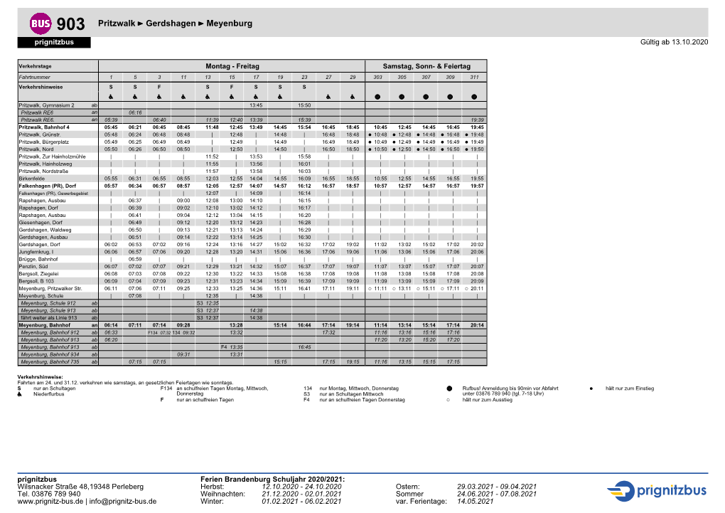 903 Pritzwalk ÷ Gerdshagen ÷ Meyenburg Prignitzbus Gültig Ab 13.10.2020