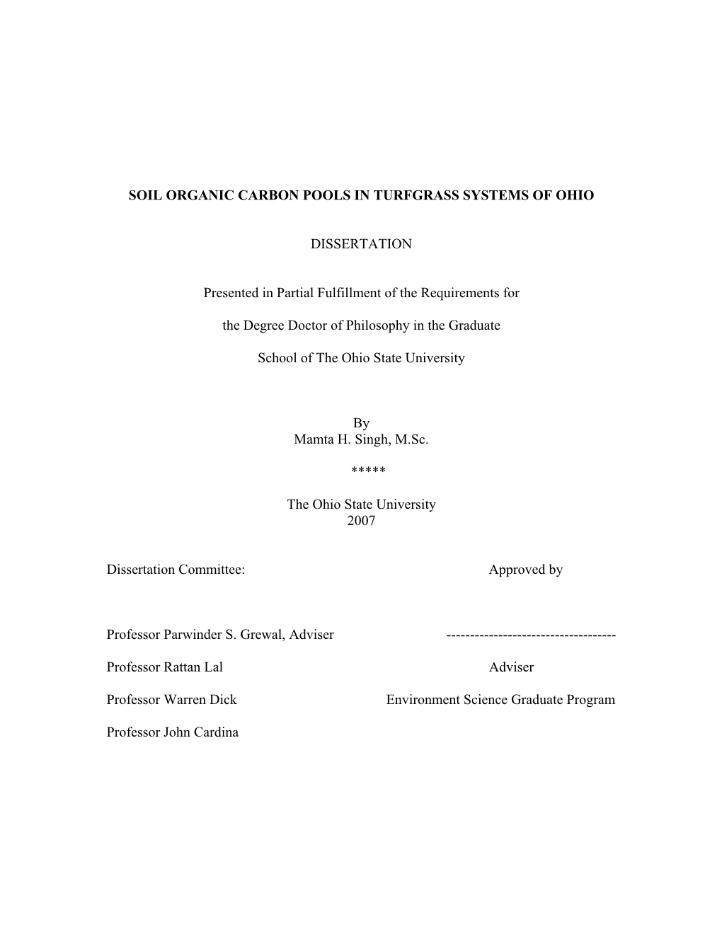 Soil Organic Carbon Pools in Turfgrass Systems of Ohio