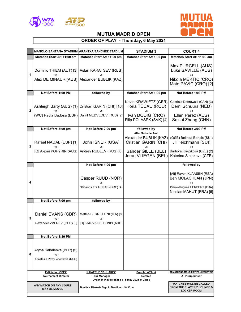 MUTUA MADRID OPEN ORDER of PLAY - Thursday, 6 May 2021