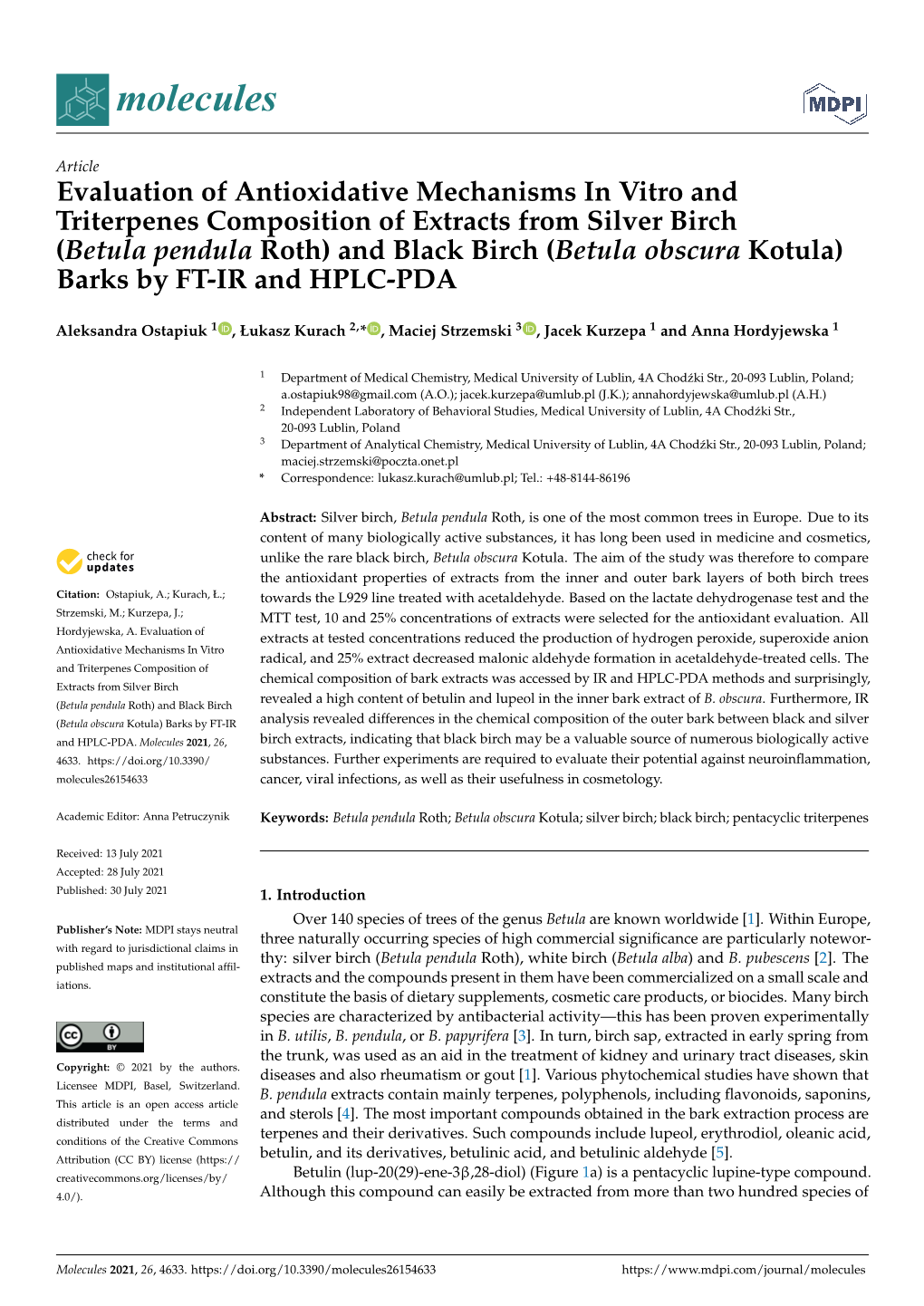 Betula Pendula Roth) and Black Birch (Betula Obscura Kotula) Barks by FT-IR and HPLC-PDA