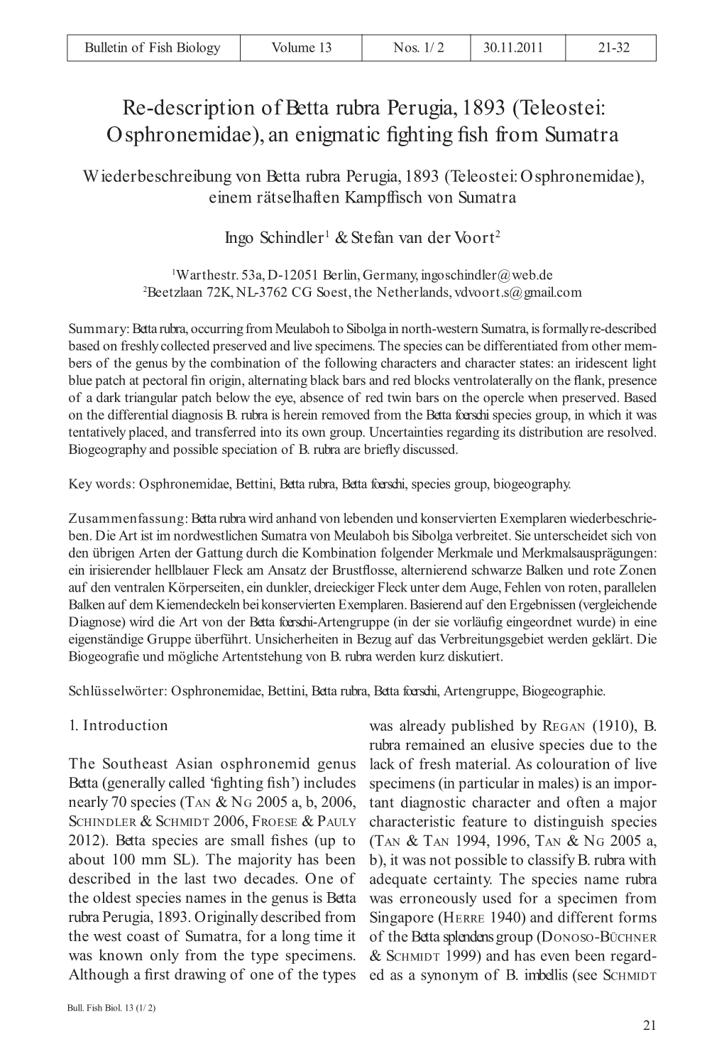 Re-Description of Betta Rubra Perugia, 1893 (Teleostei: Osphronemidae), an Enigmatic Fighting Fish from Sumatra