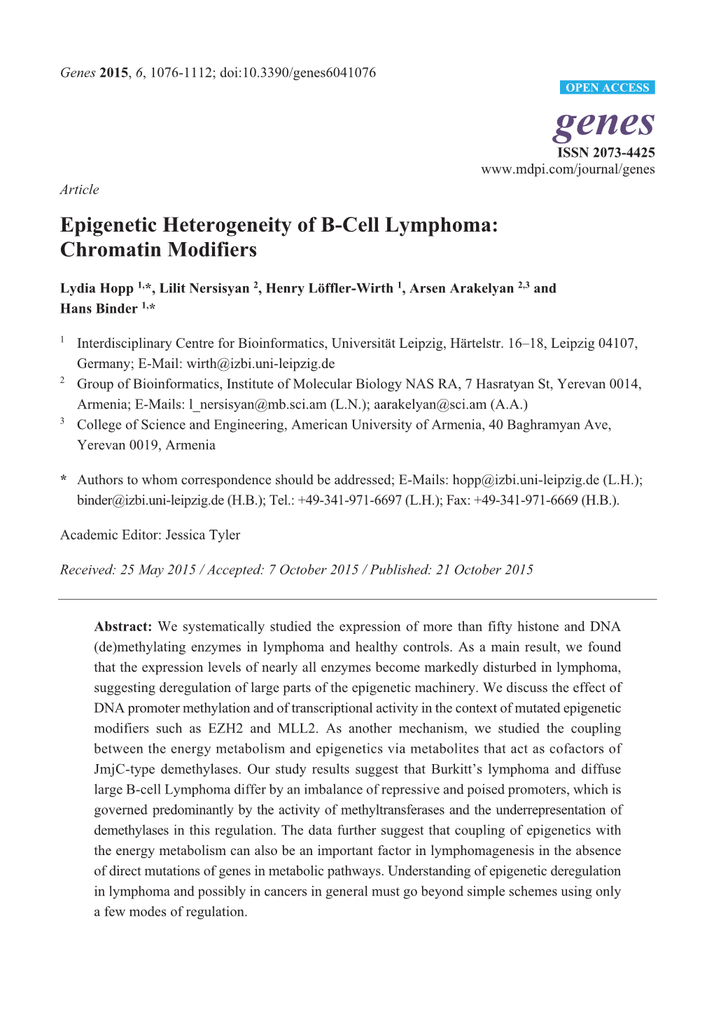 Epigenetic Heterogeneity of B-Cell Lymphoma: Chromatin Modifiers