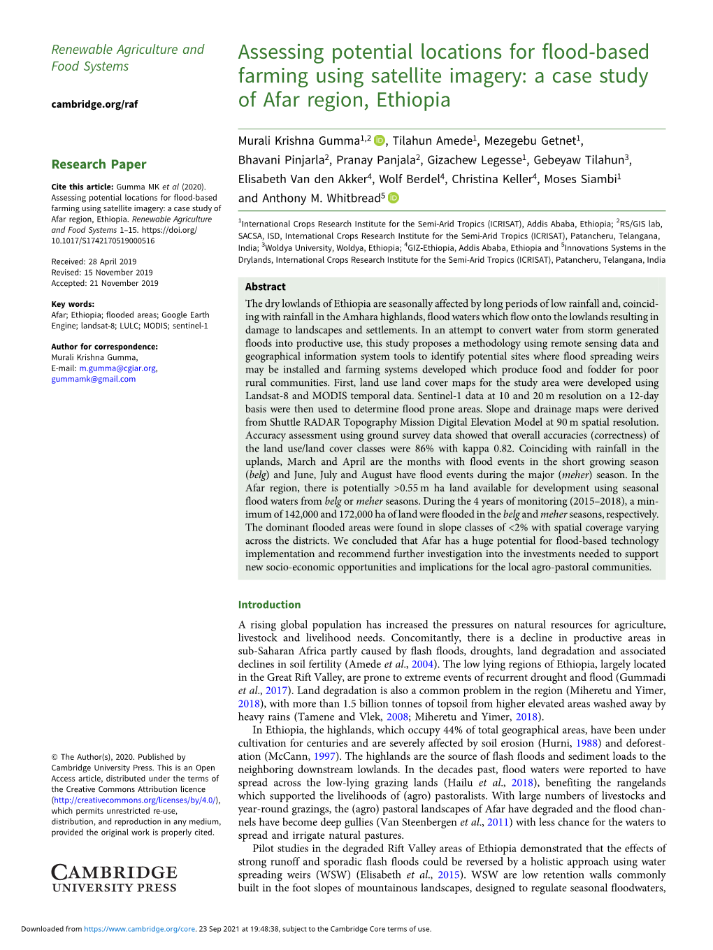 Assessing Potential Locations for Flood-Based Farming Using Satellite Imagery: a Case Study of Afar Region, Ethiopia