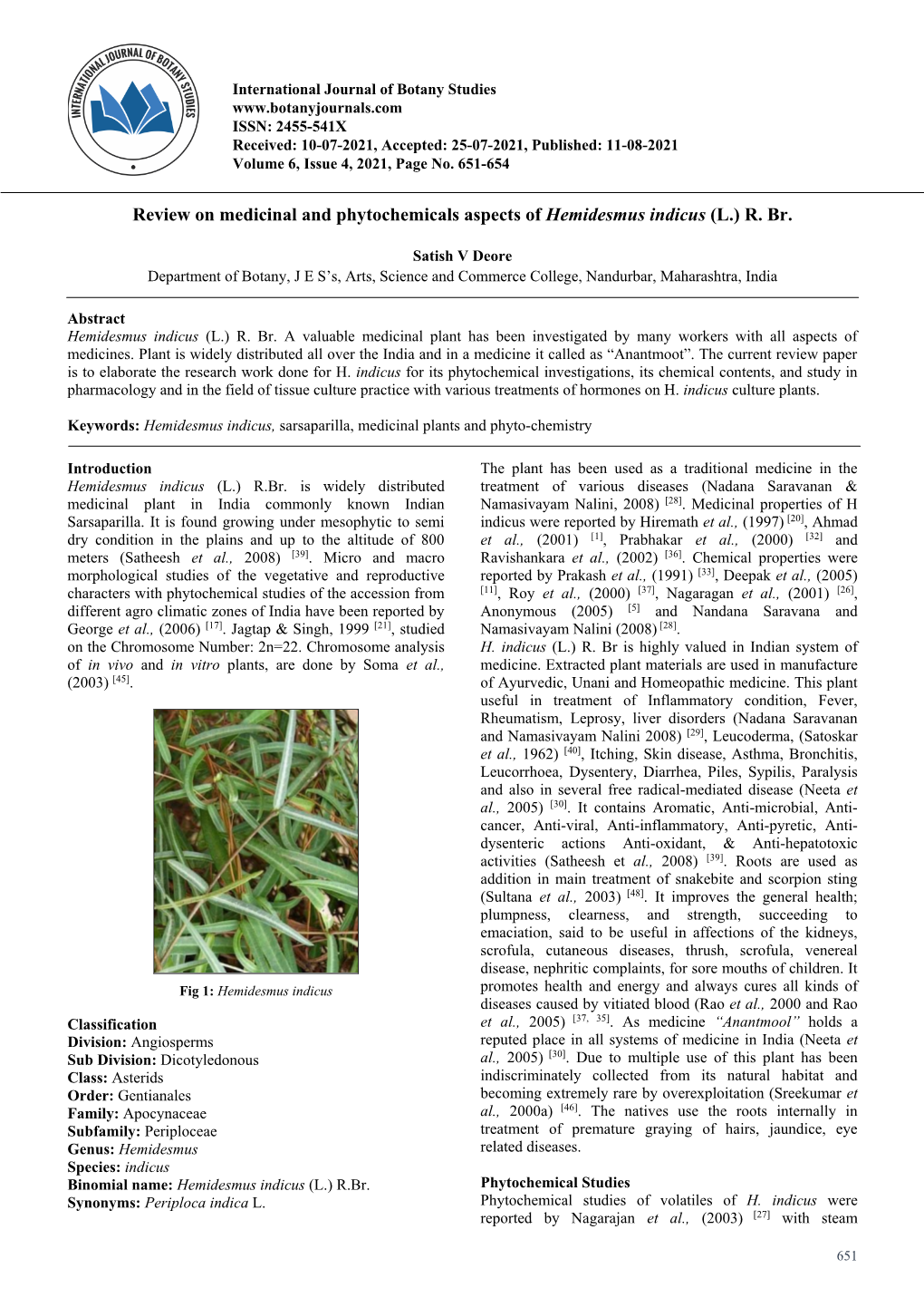 Review on Medicinal and Phytochemicals Aspects of Hemidesmus Indicus (L.) R