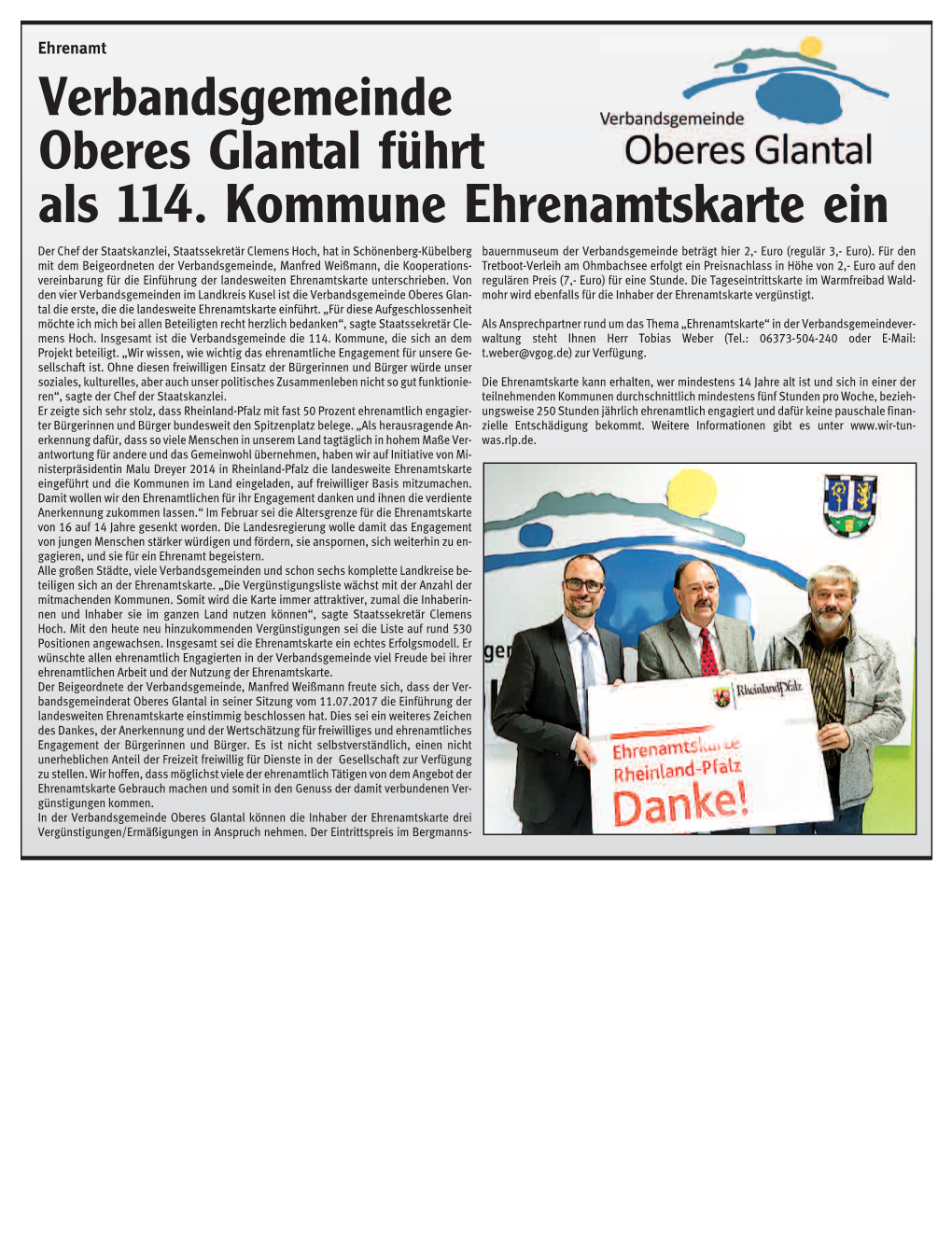 Verbandsgemeinde Oberes Glantal Führt Als 114. Kommune Ehrenamtskarte Ein