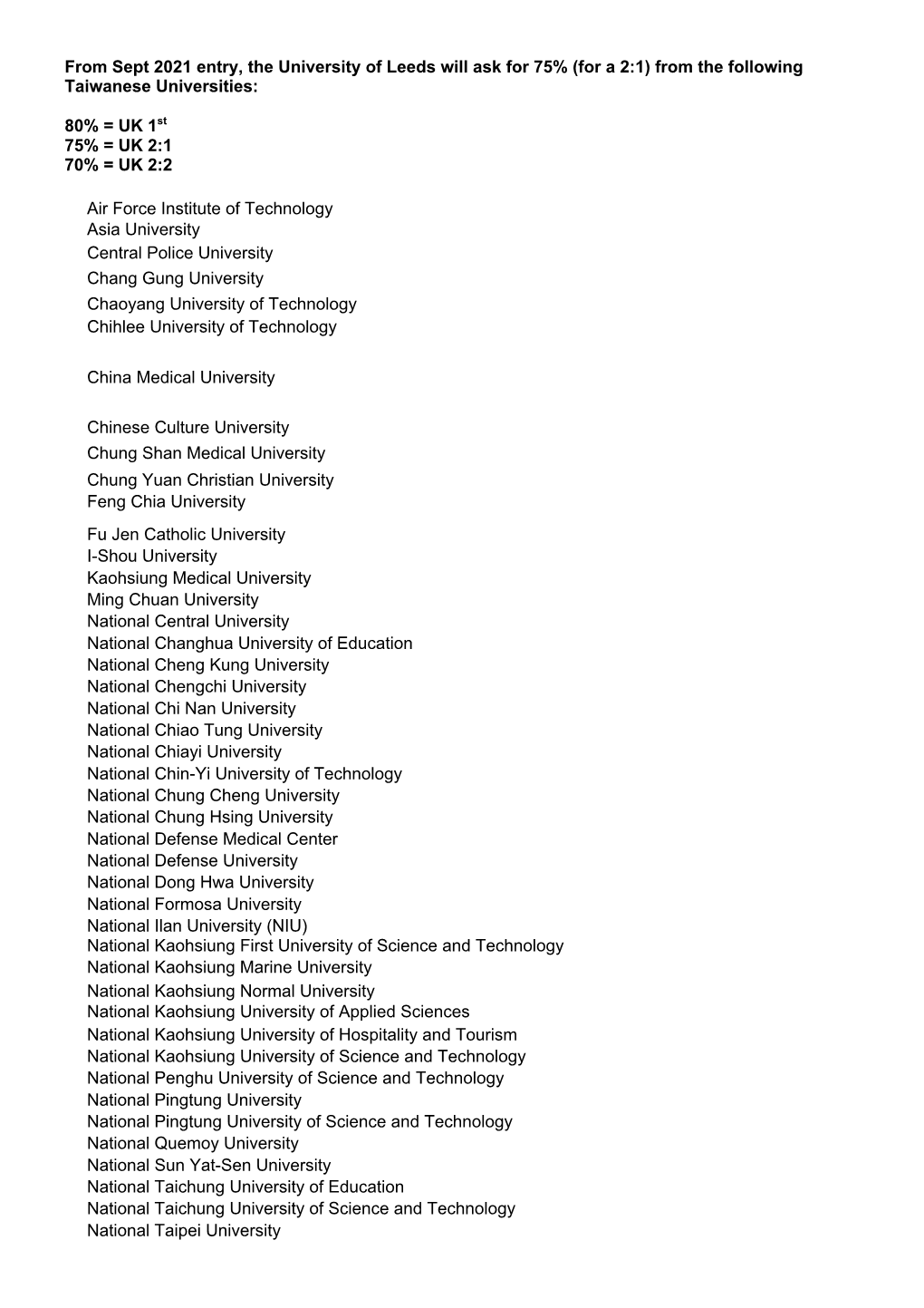 (For a 2:1) from the Following Taiwanese Universities: 80% = UK 1