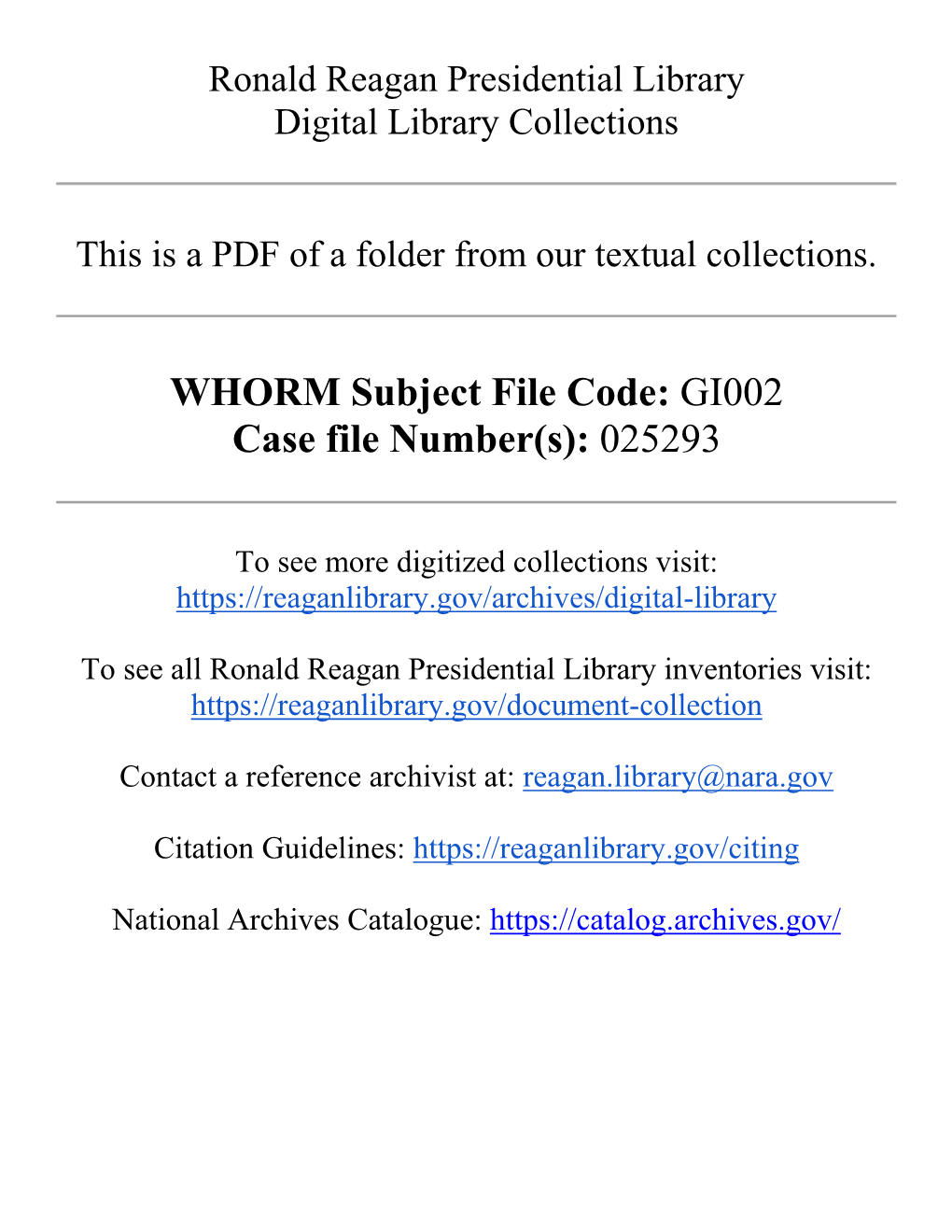 WHORM Subject File Code: GI002 Case File Number(S): 025293