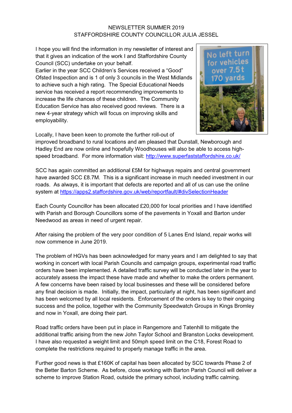 Newsletter Summer 2019 Staffordshire County Councillor Julia Jessel