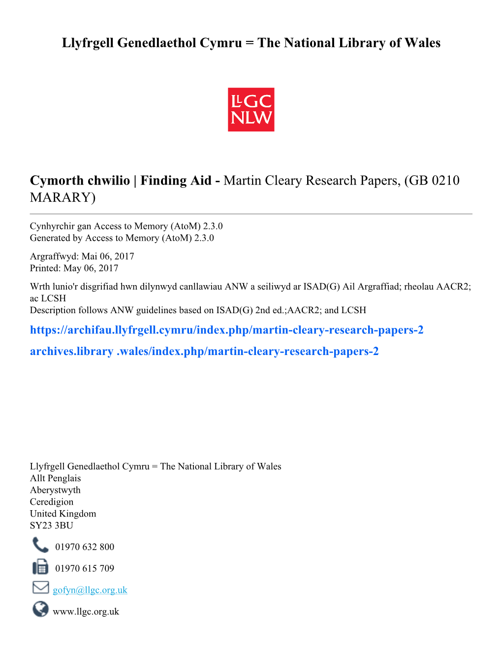 Martin Cleary Research Papers, (GB 0210 MARARY)