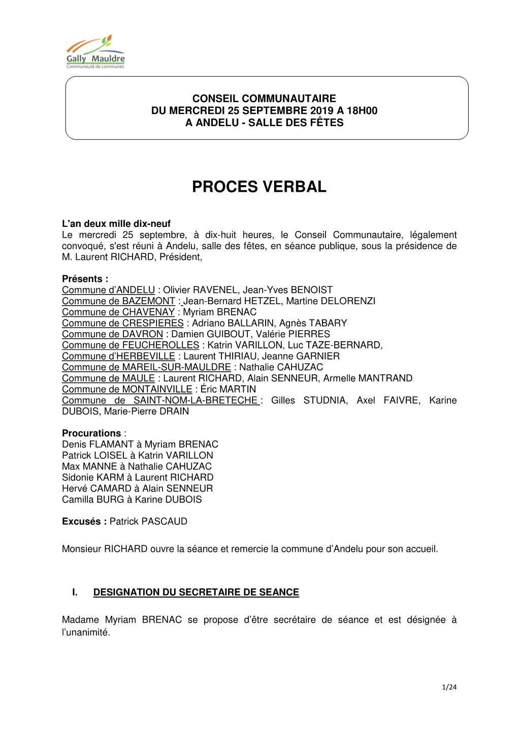 PROCES VERBAL Conseil Communautaire Du 25 Septembre