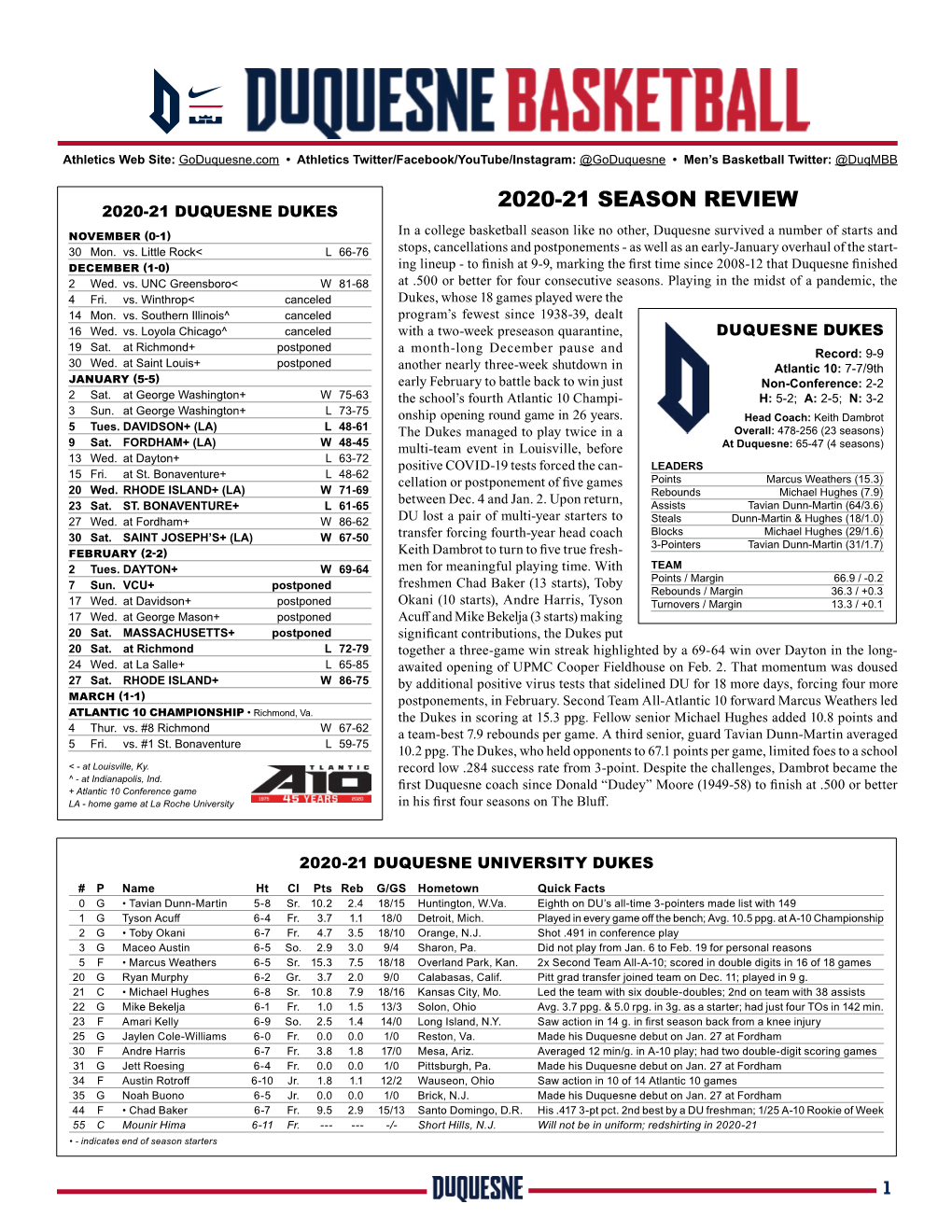 2020-21 Season Review 2020-21 Duquesne Dukes
